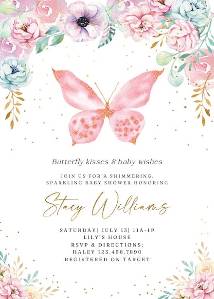 Pink Glitter Butterfly - Baby Shower Invitation Template (Free ...