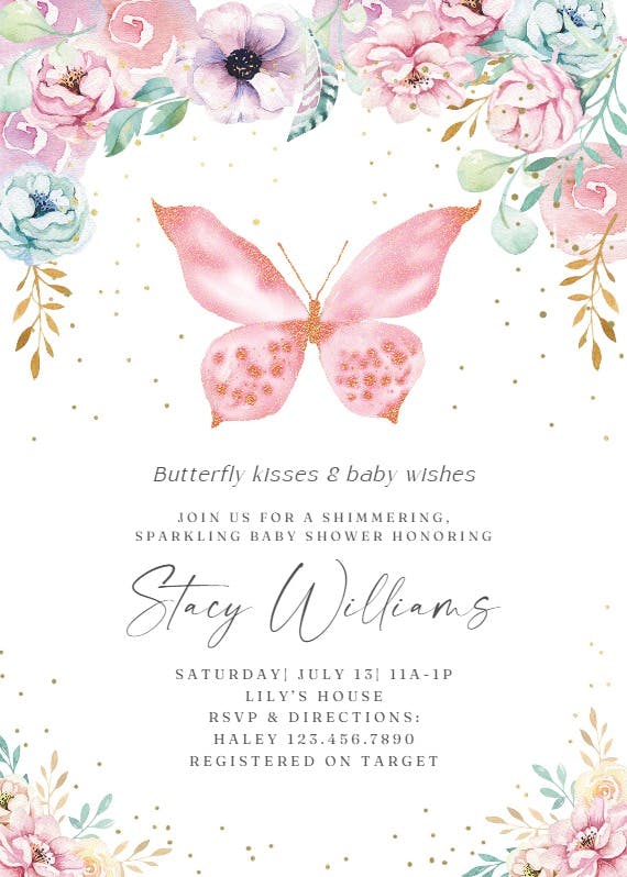 Pink glitter butterfly -  invitación para baby shower de bebé niña gratis