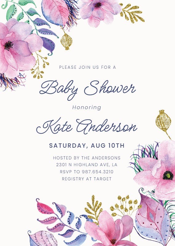 Pink gold flowers - baby shower invitation