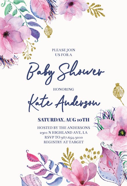 Pink Gold Flowers - Baby Shower Invitation Template | Greetings Island