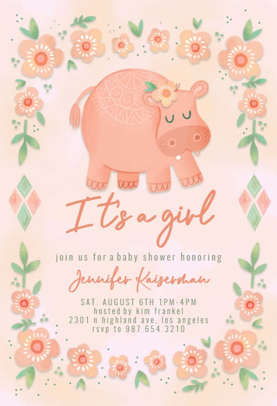 Pink hippo - baby shower invitation
