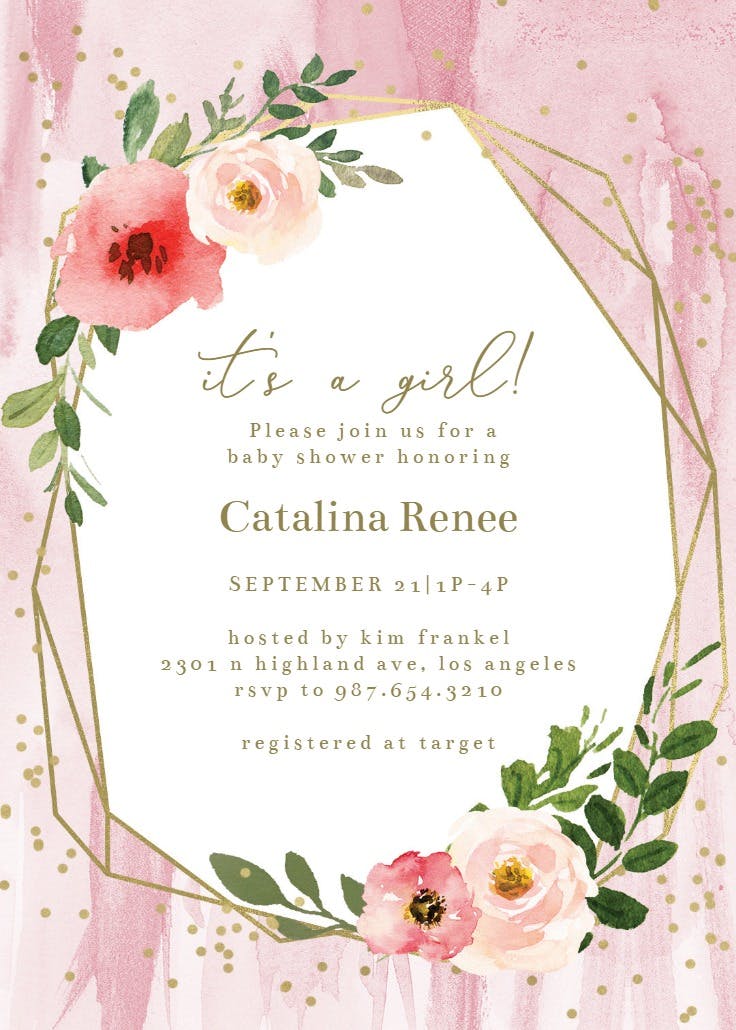 Polygonal frame and blush flowers - baby shower invitation