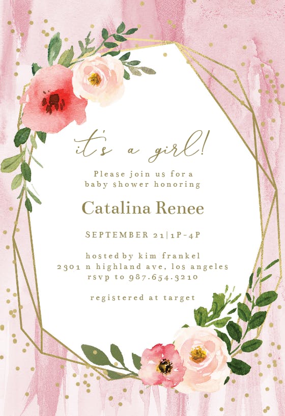Polygonal frame and blush flowers - baby shower invitation
