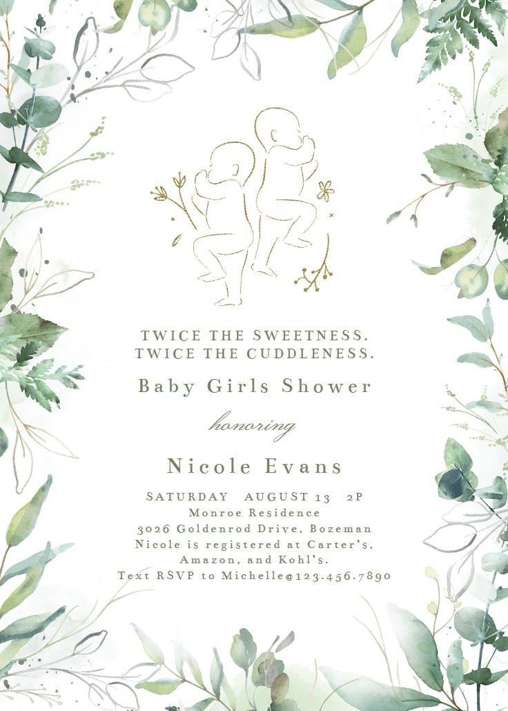 Precious pair with green frame - baby shower invitation