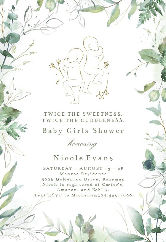 Precious pair with green frame - baby shower invitation