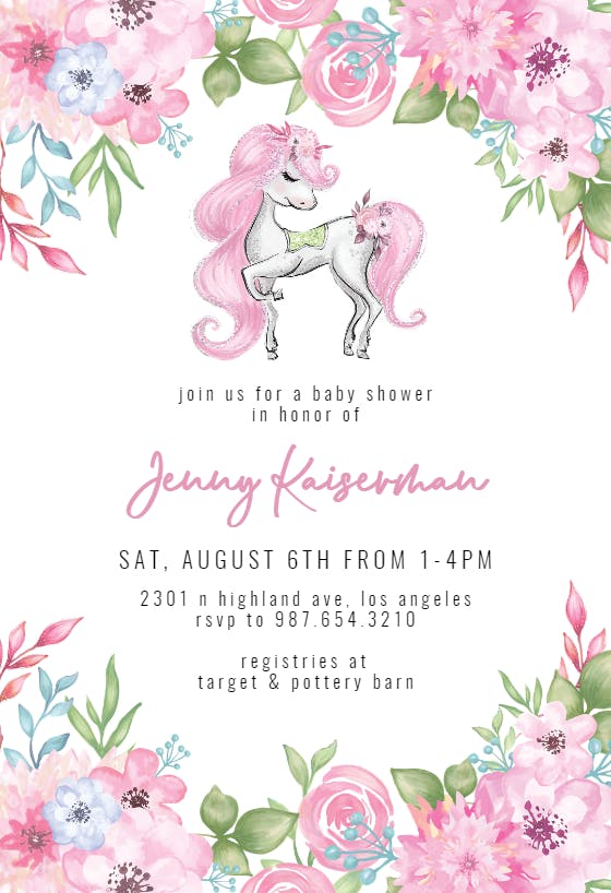 Pretty flower unicorn - baby shower invitation