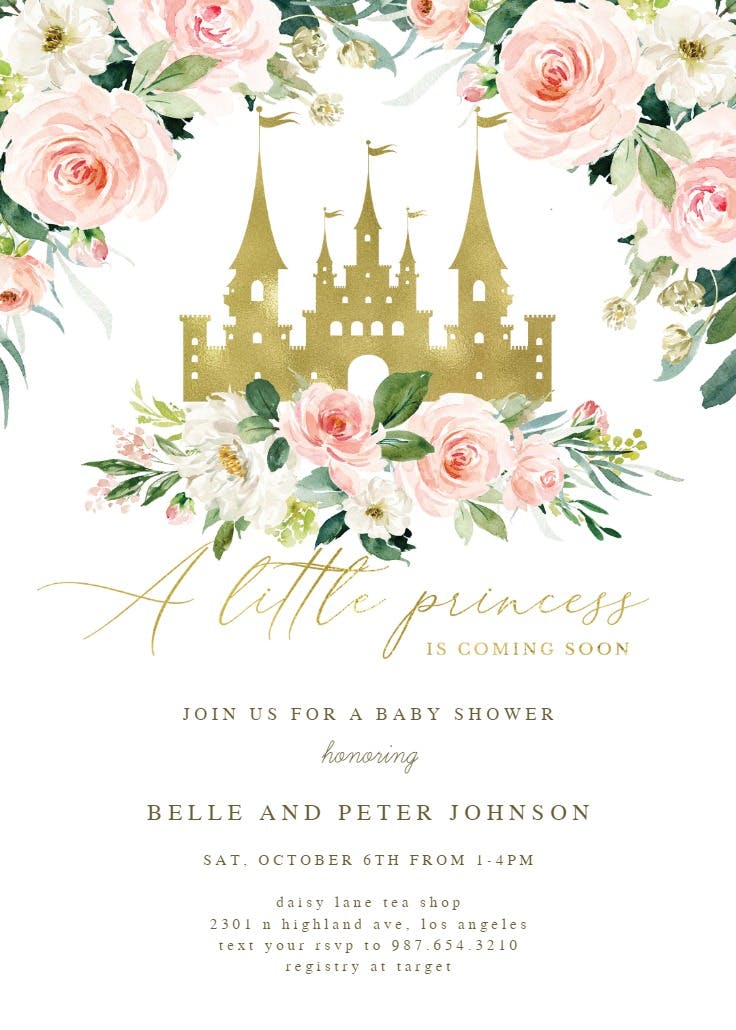 Princess gold castle & roses - invitación para baby shower