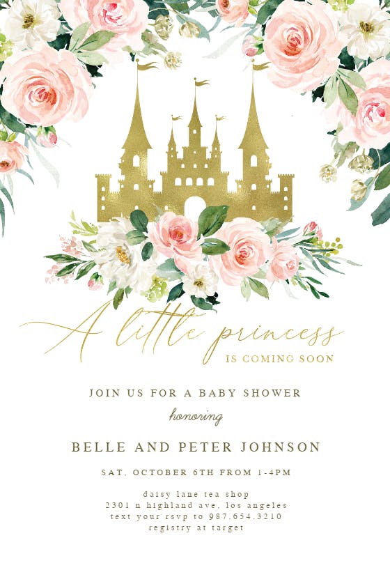 Princess gold castle & roses -  invitación para baby shower de bebé niña gratis