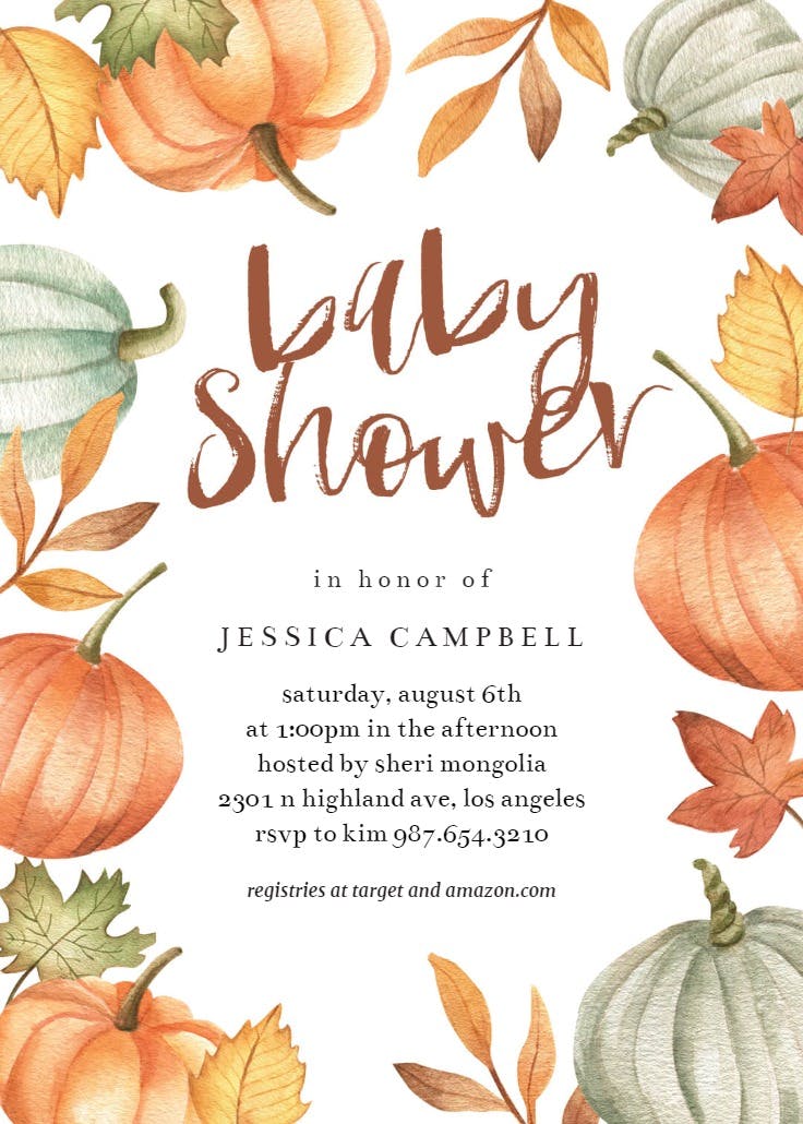 Pumpkins & leaves wreath - baby shower invitation