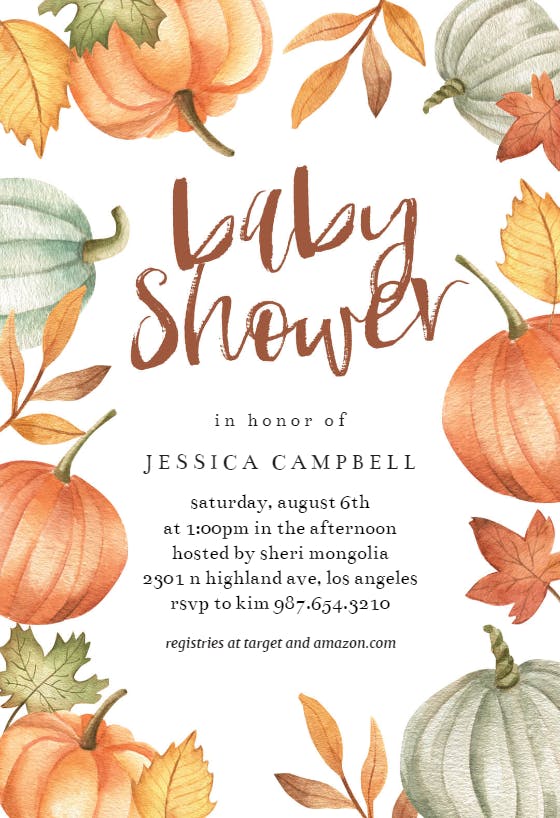 Pumpkins & leaves wreath - baby shower invitation