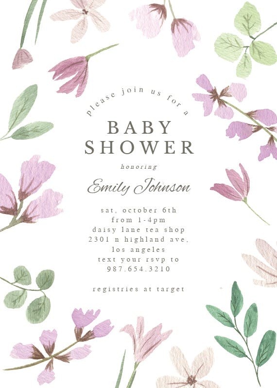 Purple flowers -  invitación para baby shower