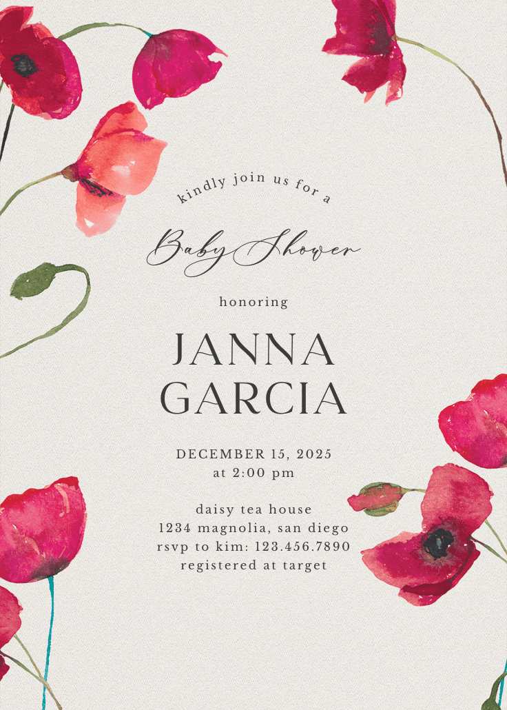 Red poppies -  invitación para baby shower