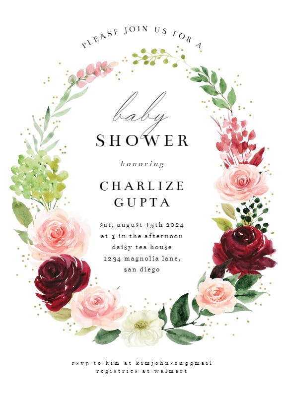 Romantic roses wreath -  invitación para baby shower