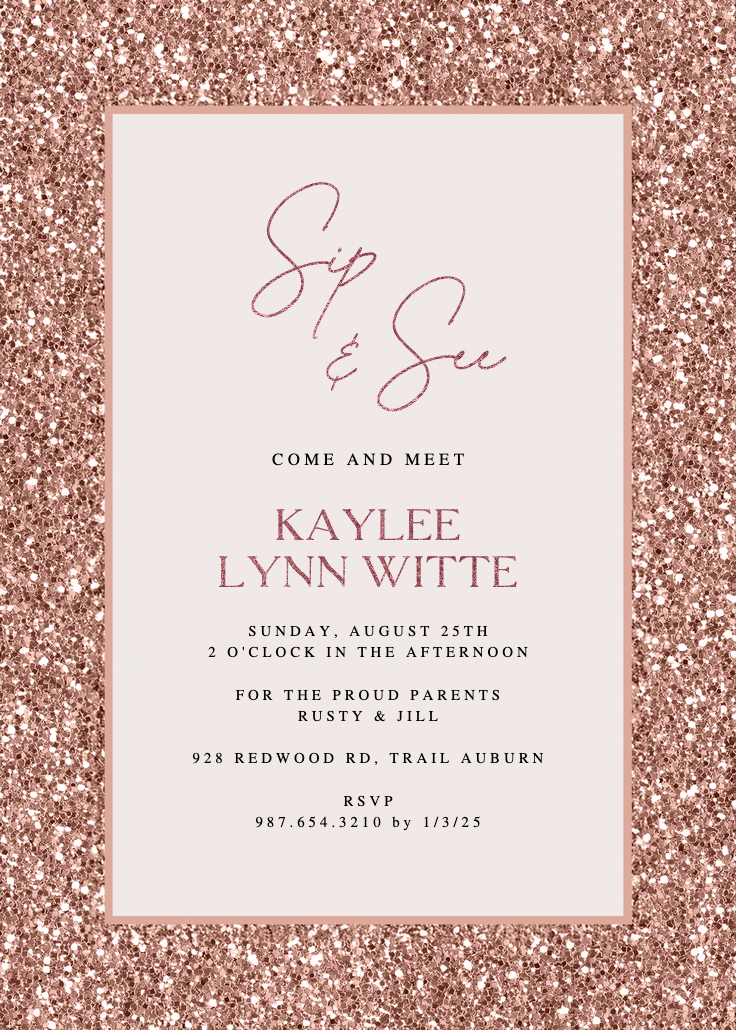 Rose gold glitter - sip & see invitation