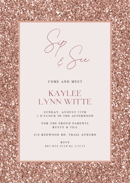Rose gold glitter - sip & see invitation