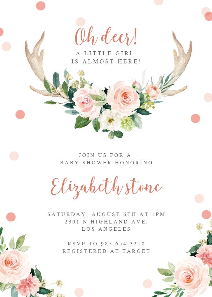 Roses & deer antler - baby shower invitation