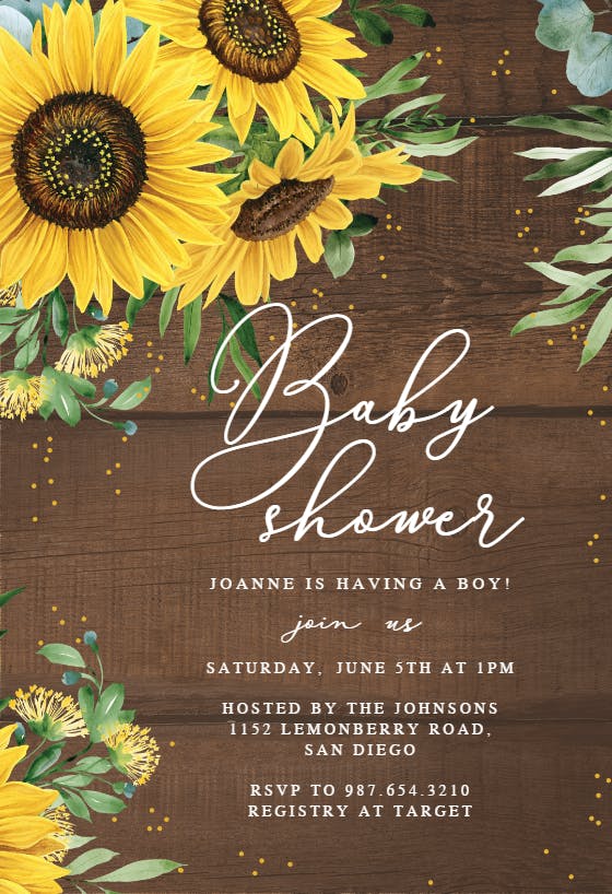 Rustic sunflowers corner -  invitación para baby shower de bebé niña gratis