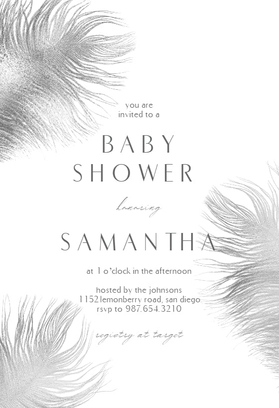 Shimmering feathers - baby shower invitation
