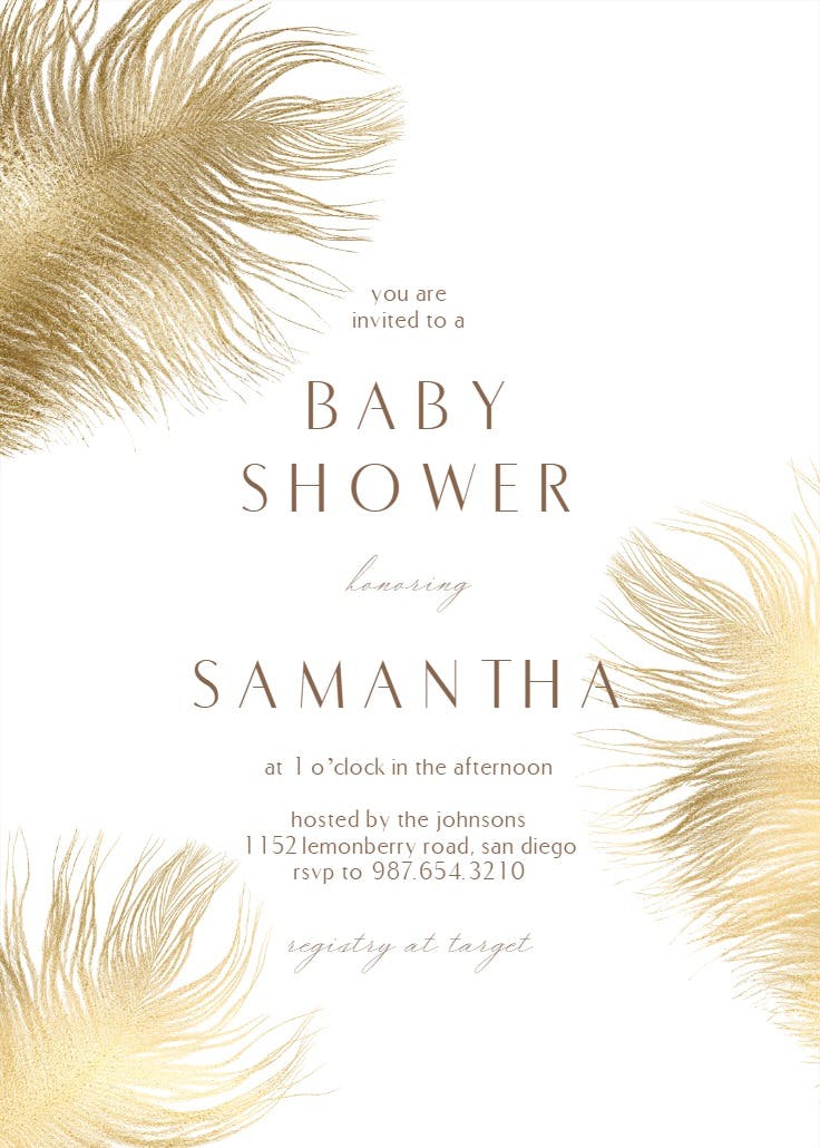 Shimmering feathers - baby shower invitation