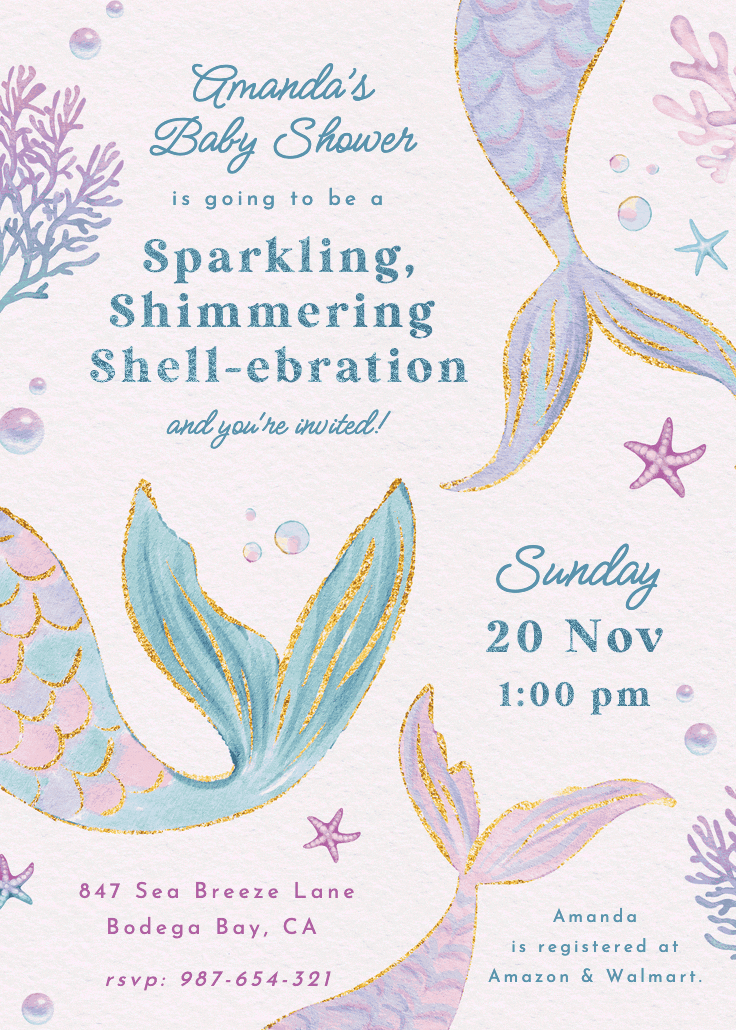 Shimmering shell-ebration - baby shower invitation