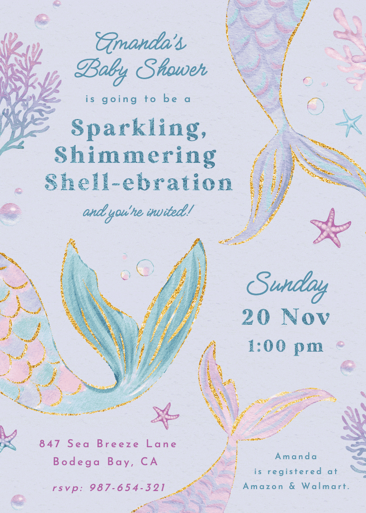 Shimmering shell-ebration - baby shower invitation