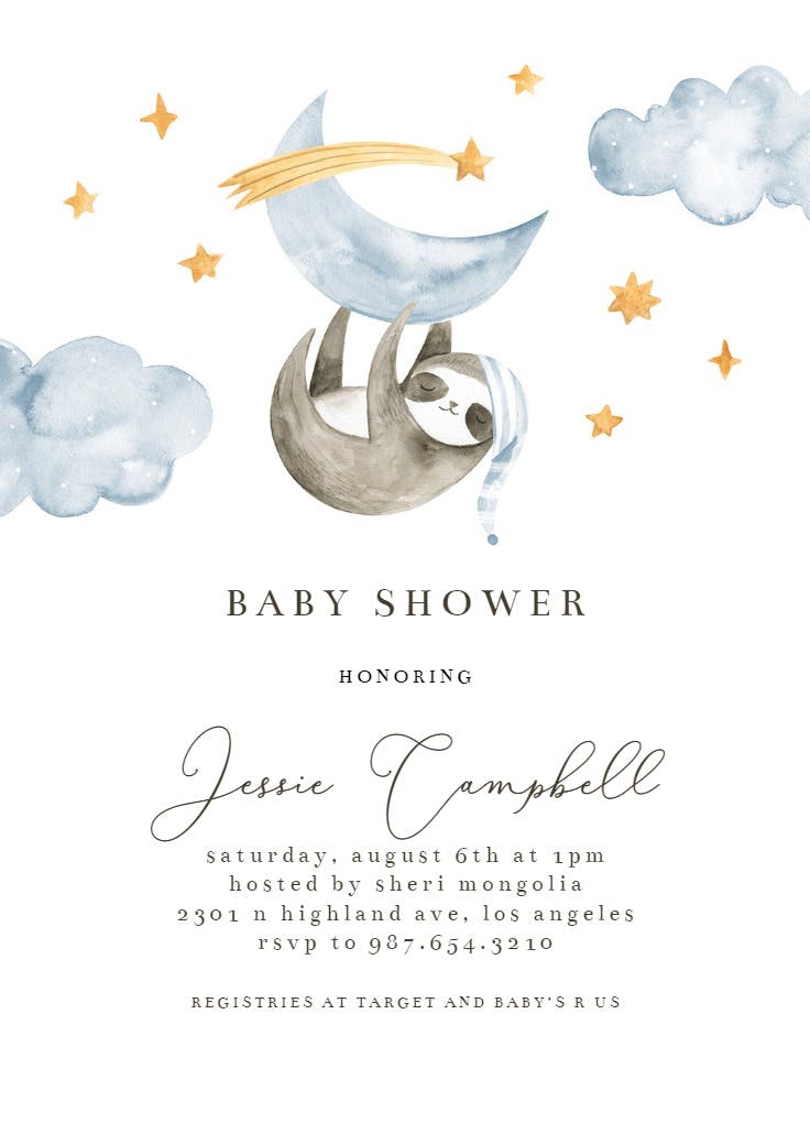 Sleeping sloth and panda - baby shower invitation