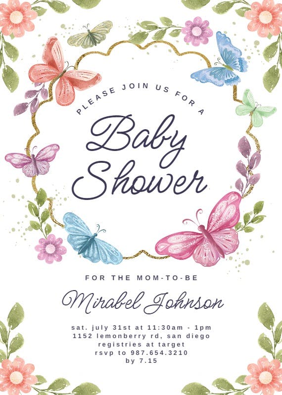 Spring butterflies -  invitación para baby shower de bebé niña gratis