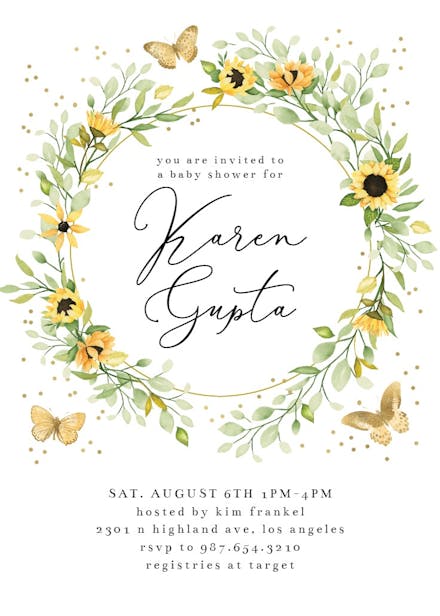 Sunflower wreath with butterflies - baby shower invitation