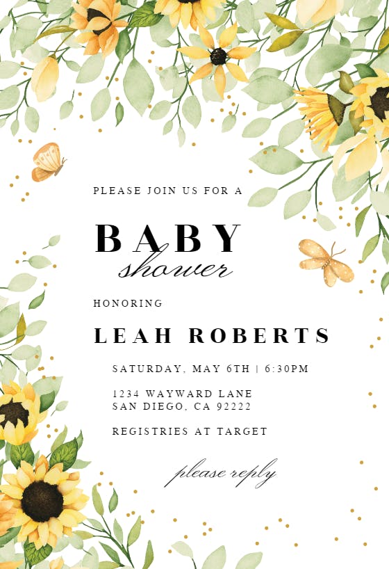 Sunflowers & butterflies -  invitación para baby shower de bebé niña gratis