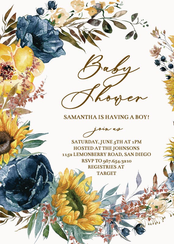 Sunflowers and blue -  invitación para baby shower de bebé niño gratis