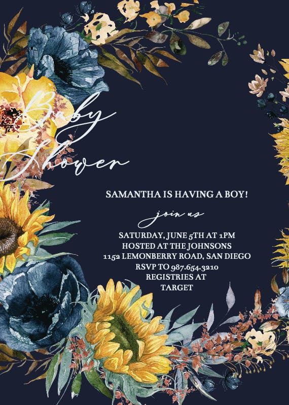 Sunflowers and blue -  invitación para baby shower de bebé niño