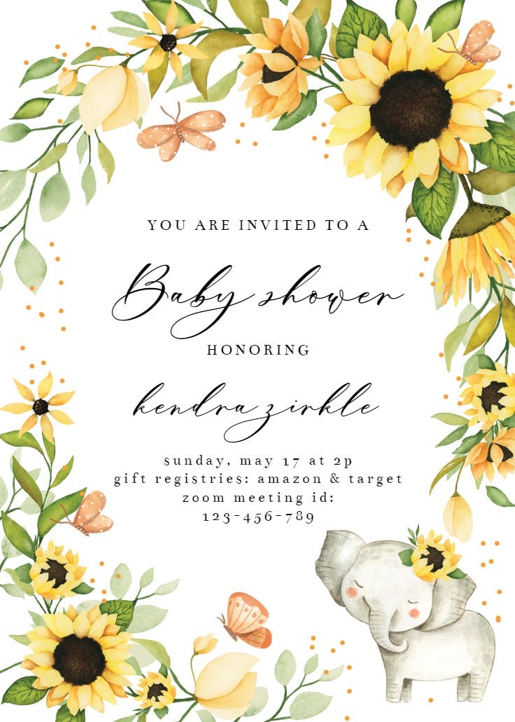 Sunflowers and elephant - baby shower invitation