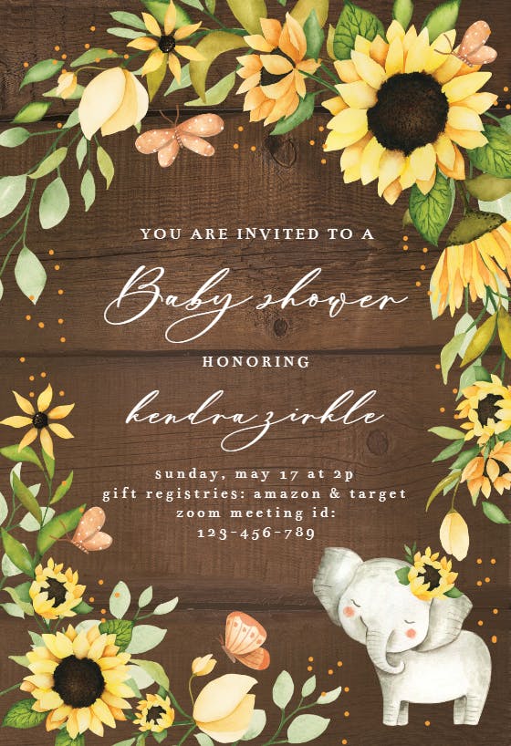 Sunflowers and elephant -  invitación para baby shower de bebé niña gratis