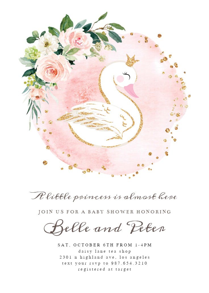 Swan & pink roses -  invitación para baby shower