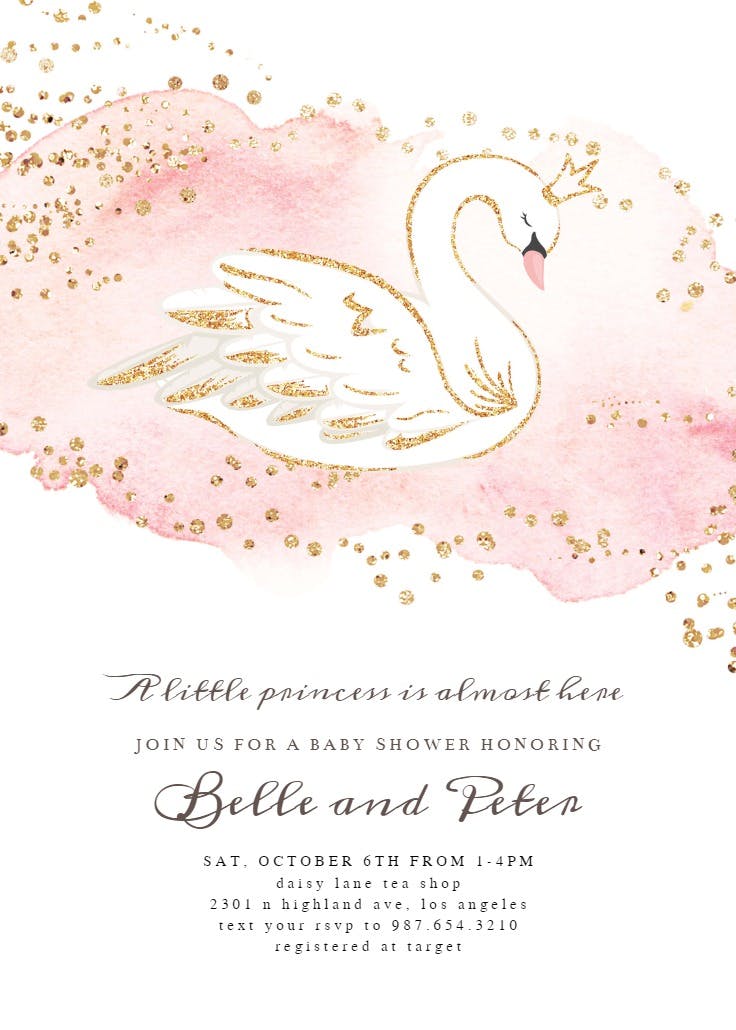 Swan & pink roses - baby shower invitation