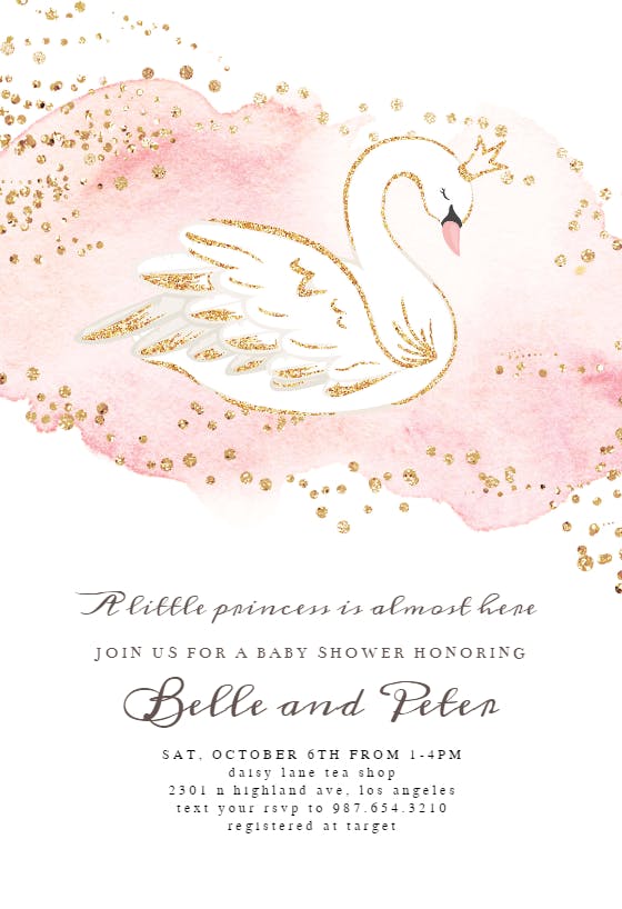 Swan & pink roses -  invitación para baby shower