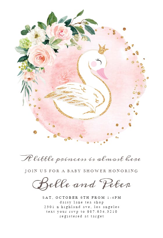 Swan & pink roses - baby shower invitation