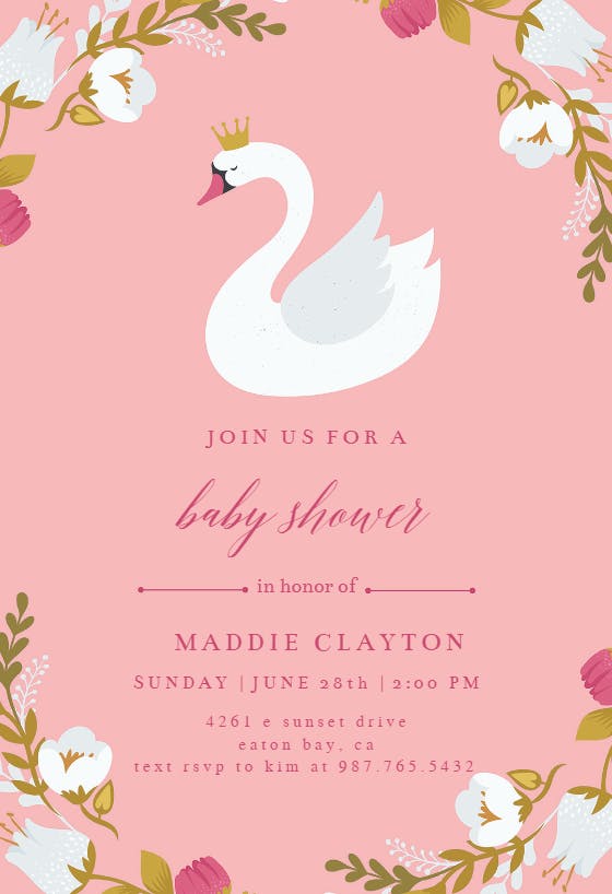 Swan -  invitación para baby shower de bebé niña gratis