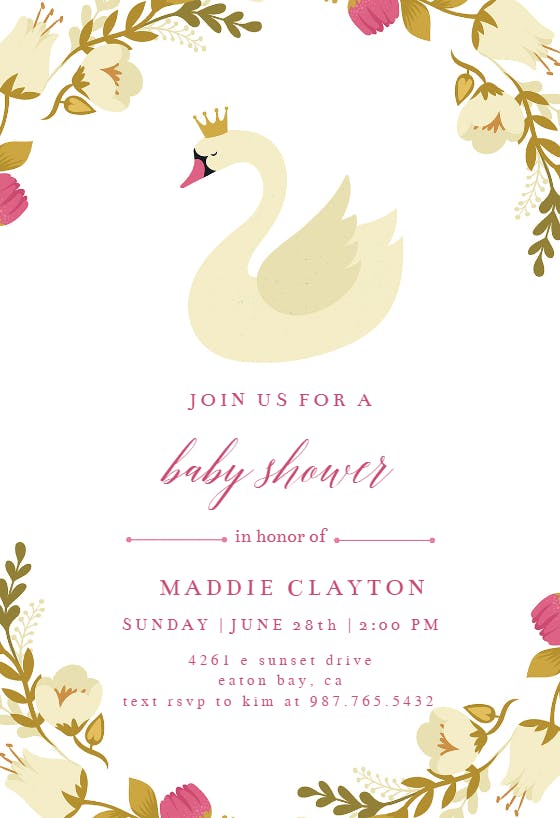 Swan -  invitación para baby shower de bebé niña gratis