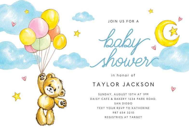 Teddy bear and balloons - invitación para baby shower