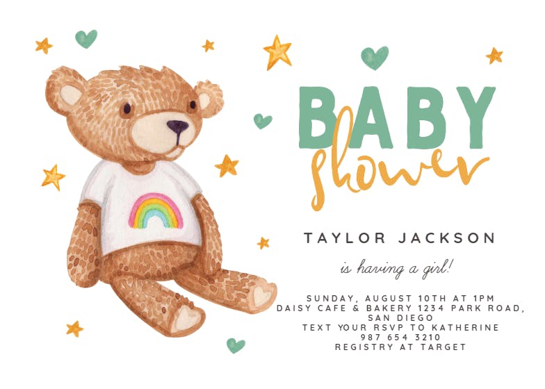 Teddy bear and rainbow - baby shower invitation