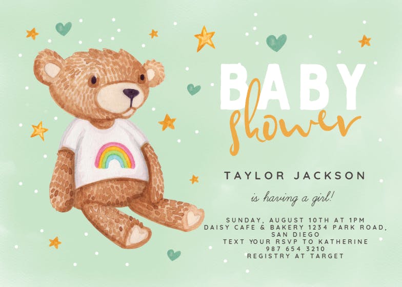 Teddy bear and rainbow - baby shower invitation