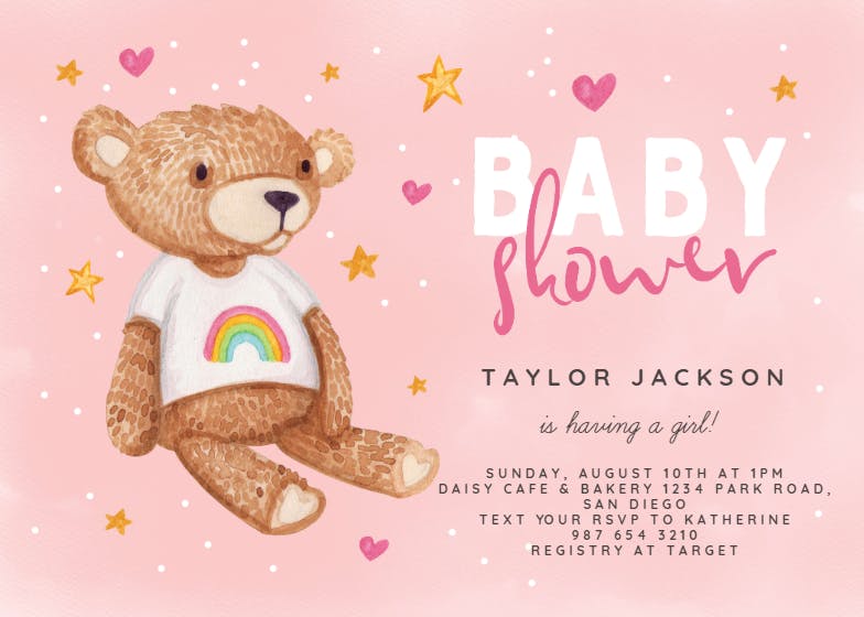 Teddy bear and rainbow -  invitación para baby shower