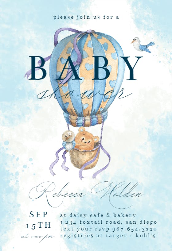 Teddy bear balloon -  invitación para baby shower de bebé niño gratis