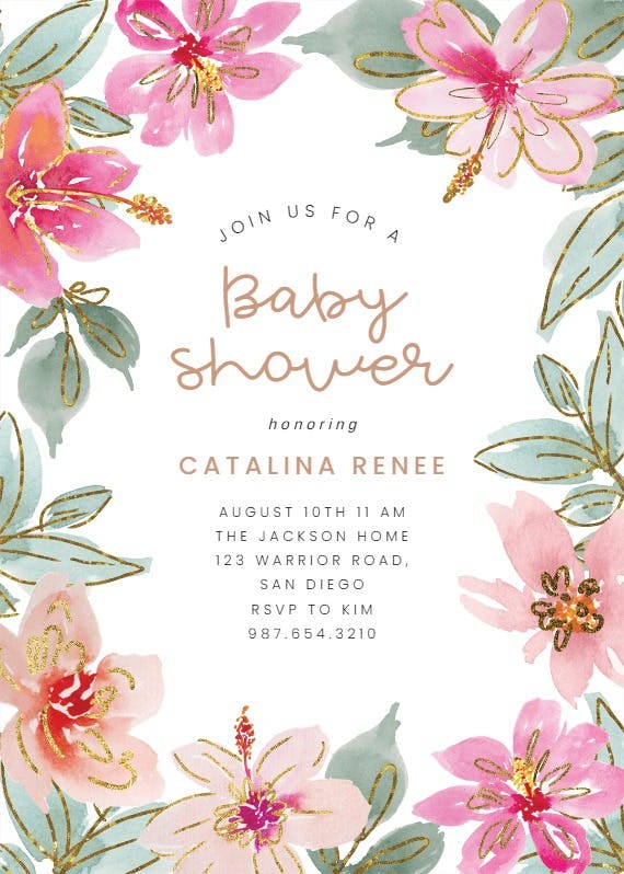 Tropical glitter flowers - baby shower invitation