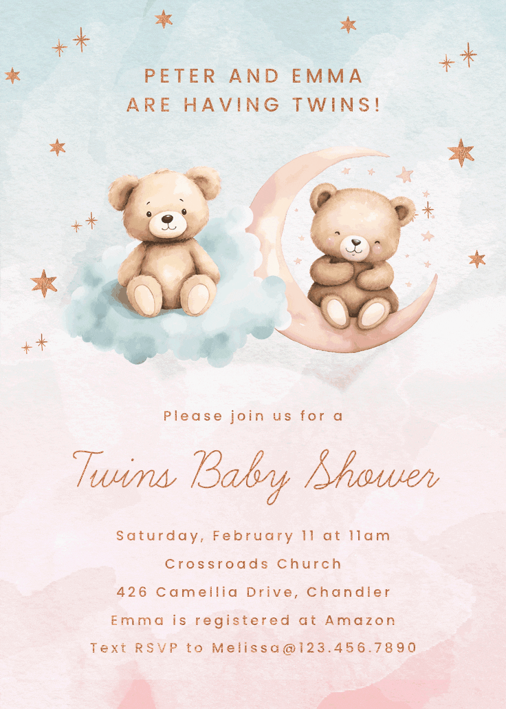 Twin teddies - baby shower invitation