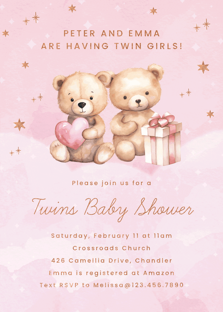 Twin teddies - baby shower invitation