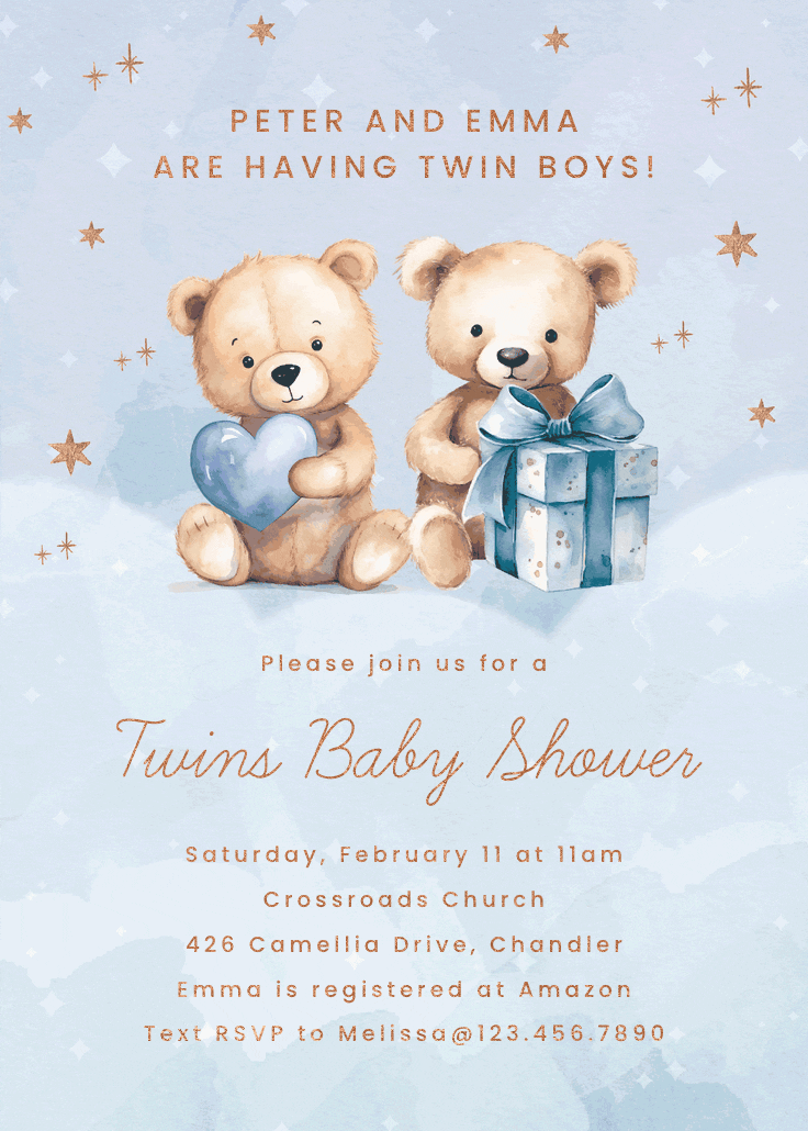 Twin teddies - baby shower invitation