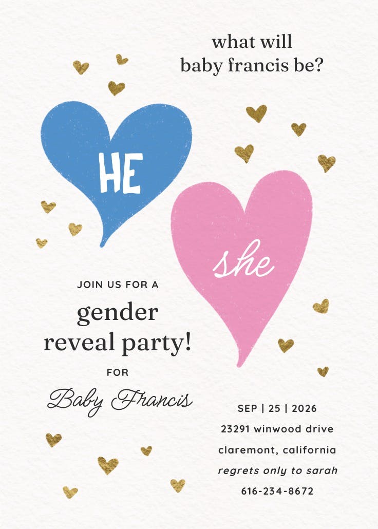 Two hearts - gender reveal invitation