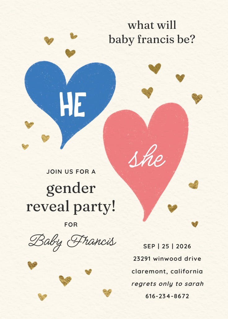 Two hearts - gender reveal invitation